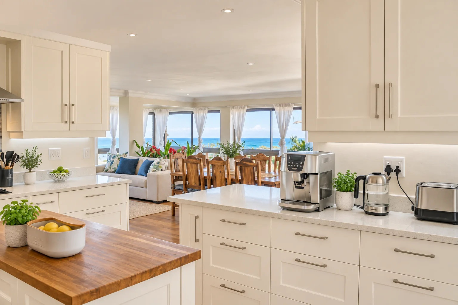 Kitchen open to the dining and sea view