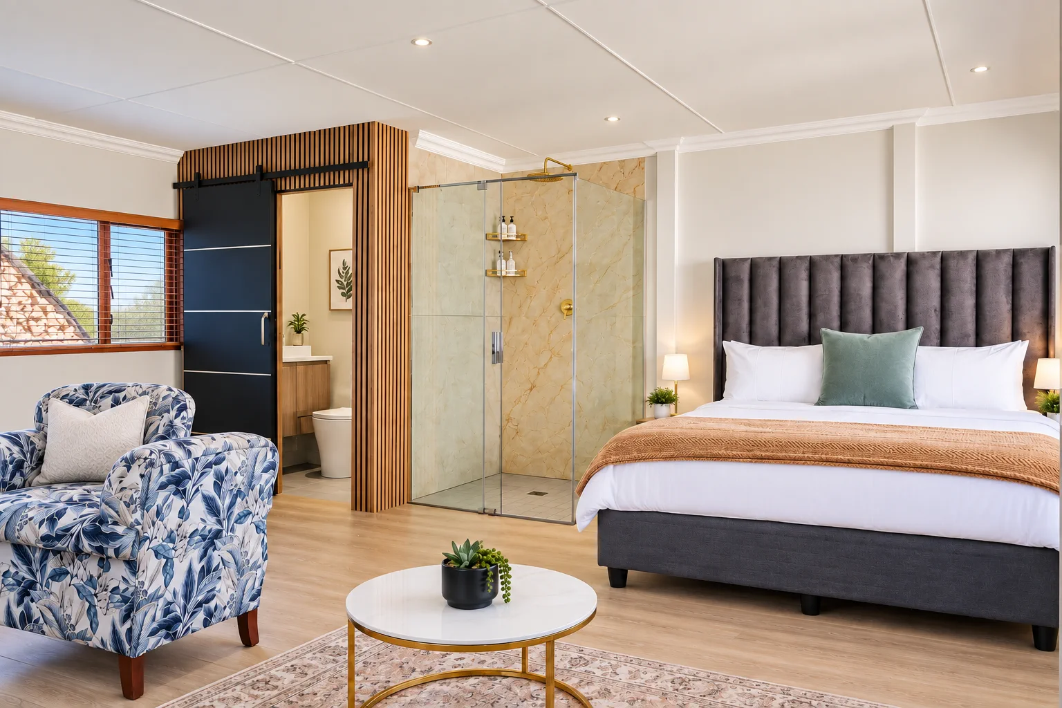 King bed, walk-in shower and seating area