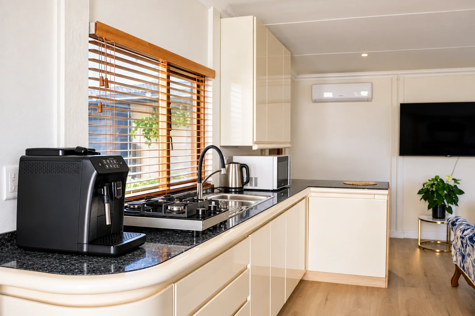Kitchenette with coffee machine, hob and microwave